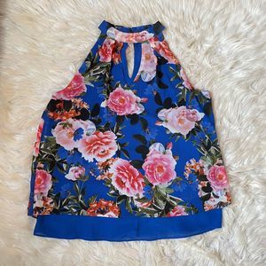 Rose + Olive High Neck Sleeveless Blouse Womens M Blue Floral Dainty Art To Wear